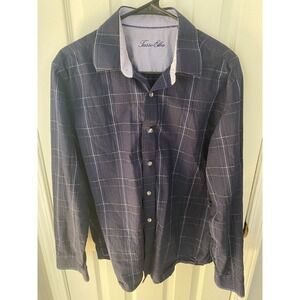 Tasso Elba Button Down Shirt Mens M Navy Blue Windowpane Check Long Sleeve